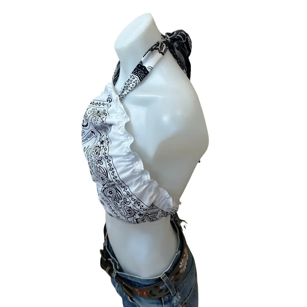 Bandana Halter Top Crop One Size Festival Western White Handcrafted Unique NEW - Picture 4 of 6